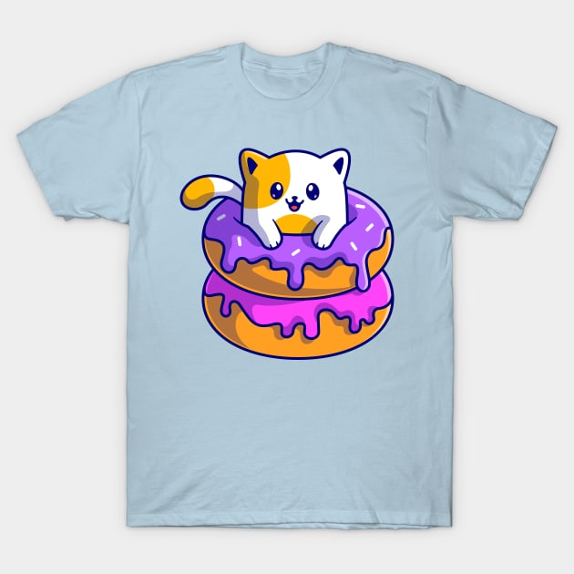 Cute Cat With Doughnut Cartoon T-Shirt by Catalyst Labs